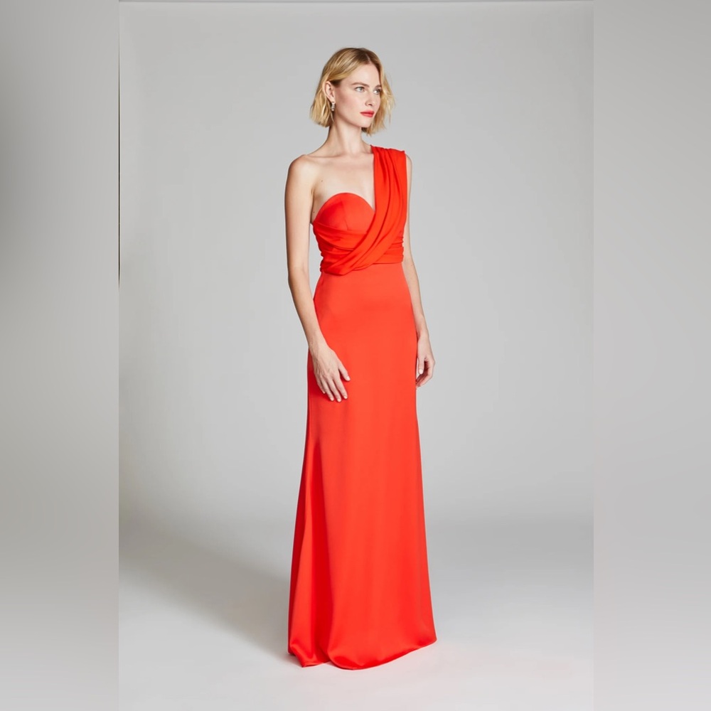 Halston Roselle Elegant One-Shoulder Red Evening Crepe Gown